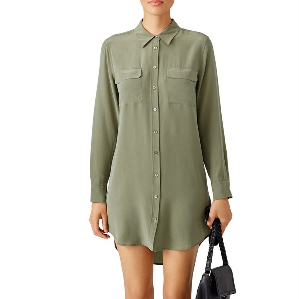 Equipment Green Silk Mini Shirt Dress L
